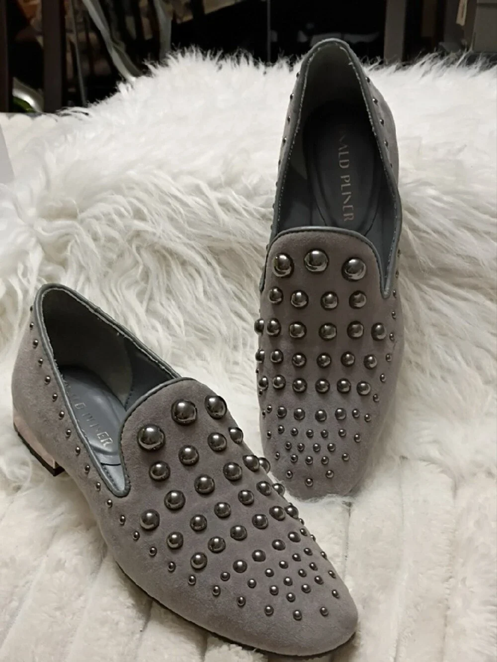 Women's Donald Pliner Rebel 2 Pewter Studded Suede Loafers in Gray 7M